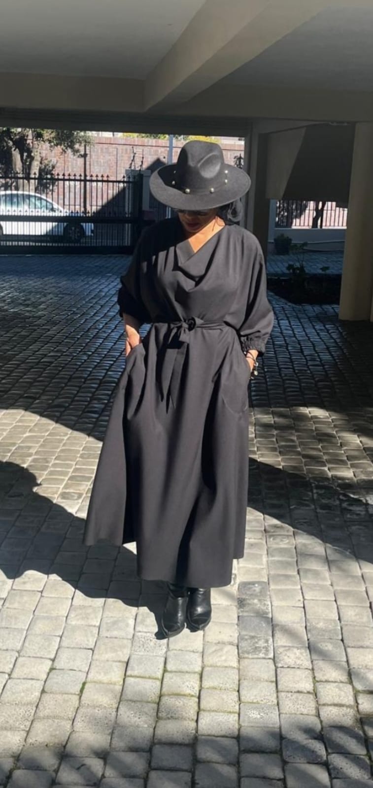 Black Daphne Cowl neck dress- Black suiting