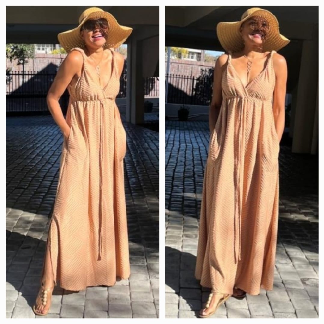 Doris twisted strap dress-tan printed knit