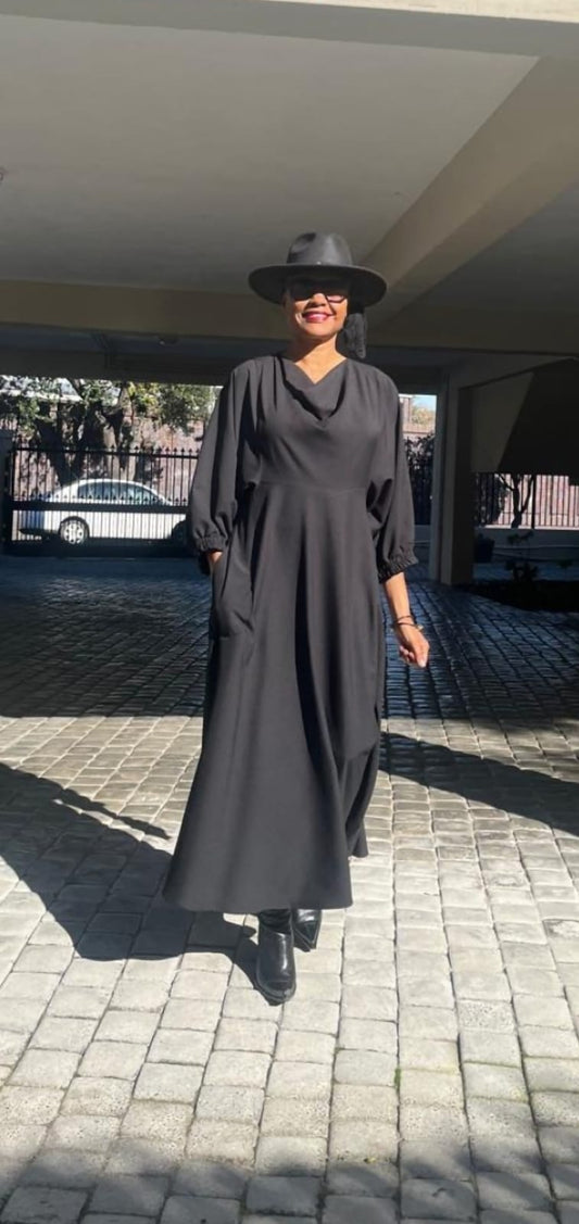 Black Daphne Cowl neck dress- Black suiting