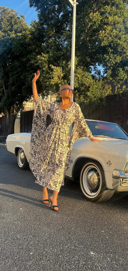 Batwing caftan- Black and oatmeal rayon