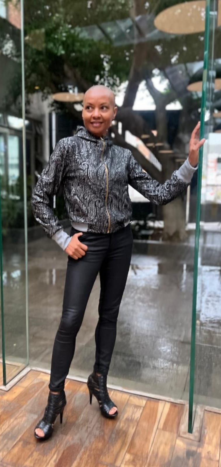 Julia Bomber-Reversible- Grey and black printed Ponte, plain grey Ponte and rib