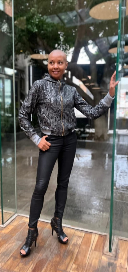 Julia Bomber-Reversible- Grey and black printed Ponte, plain grey Ponte and rib