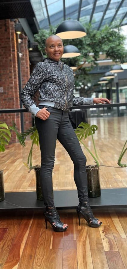 Julia Bomber-Reversible- Grey and black printed Ponte, plain grey Ponte and rib