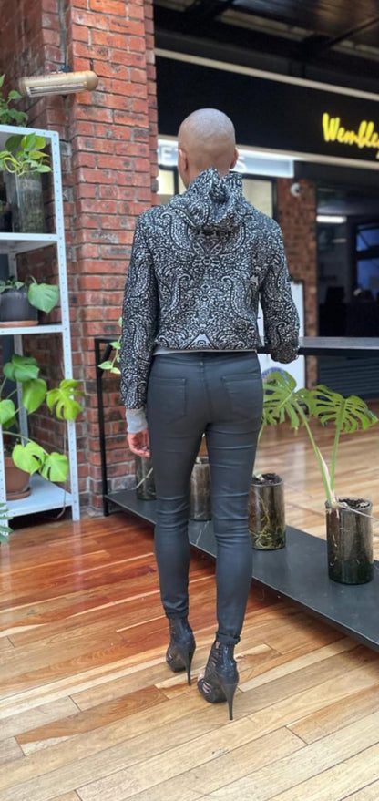 Julia Bomber-Reversible- Grey and black printed Ponte, plain grey Ponte and rib