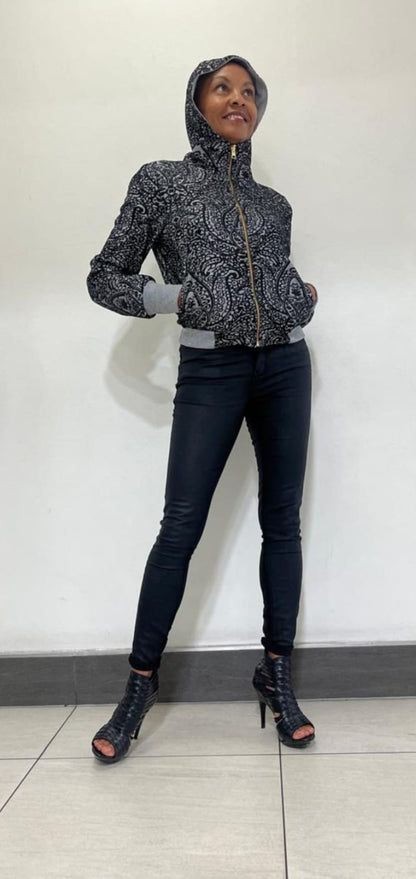 Julia Bomber-Reversible- Grey and black printed Ponte, plain grey Ponte and rib