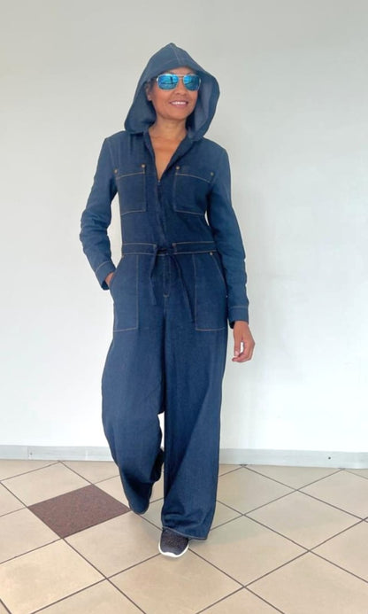 Jani Jumpsuit- Hooded, wide leg washed denim