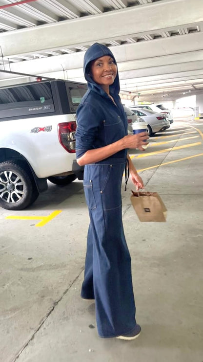 Jani Jumpsuit- Hooded, wide leg washed denim