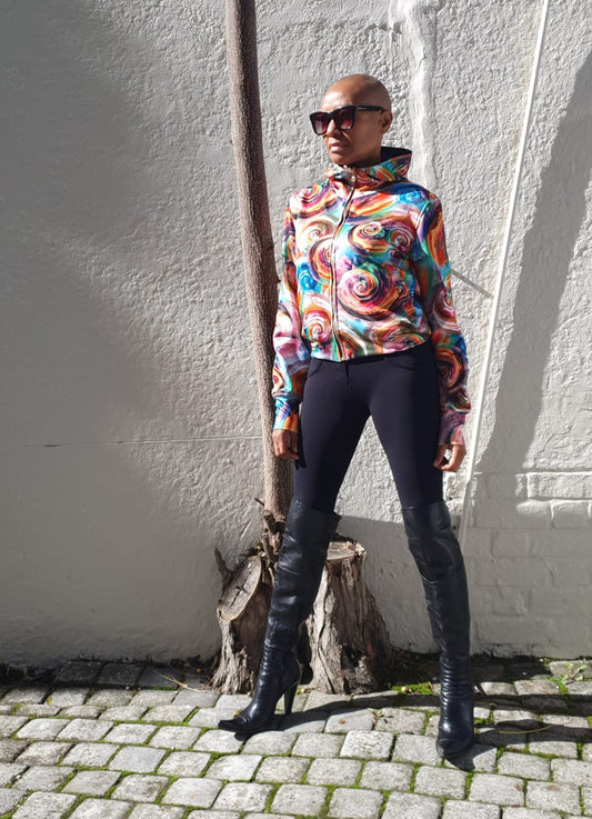 Julia Bomber Reversible- Multi Colour Swirly Printed Ponte