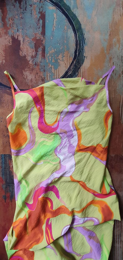 Barbie bias dress- Crinkled Multi printed Rayon