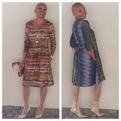 Dora dress- Stone and Multi-Colour Ponte Dress